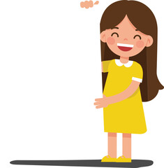 Happy girl in yellow dress with hand raised in flat vector illustration