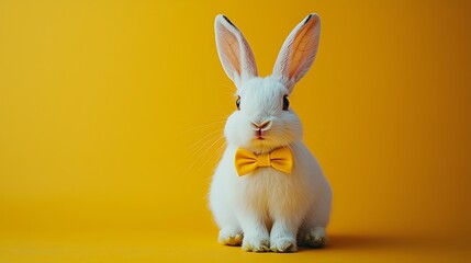Obraz premium White bunny, yellow bow tie, studio, Easter