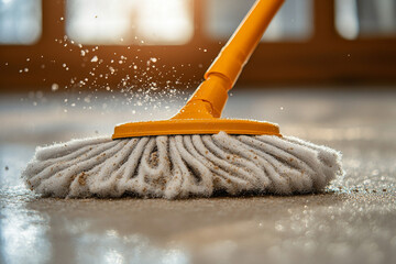 Cleaning the floor with a mop in a sunny room during the afternoon