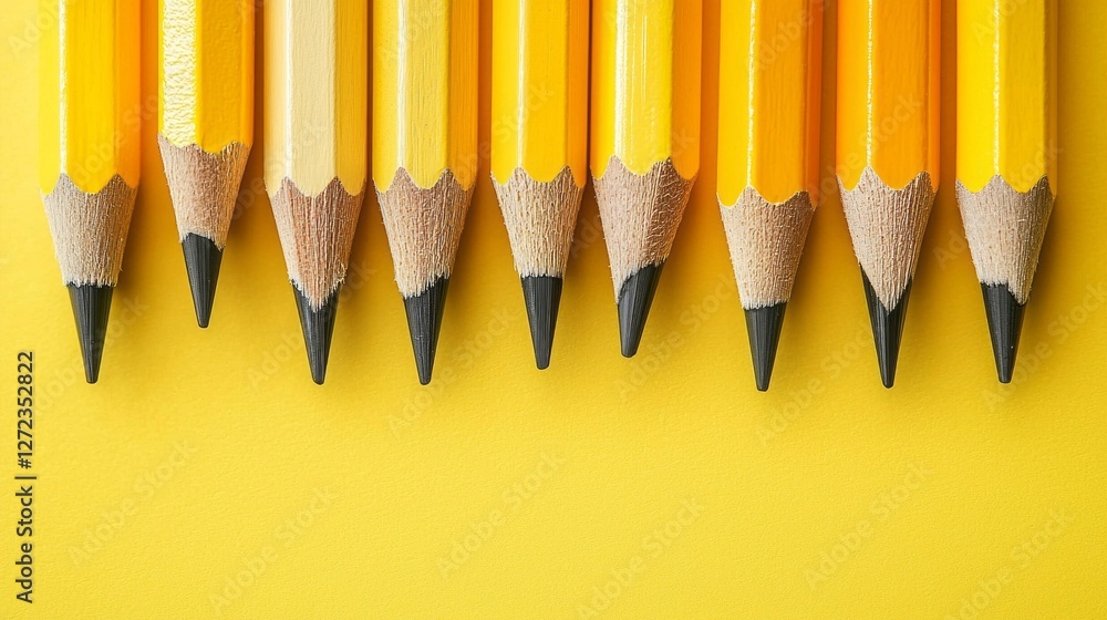 Poster sharpened yellow pencils lay perfectly lined up against a lively yellow paper backdrop, inviting cre