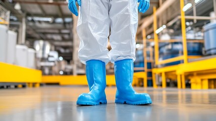 Worker in cleanroom, factory floor, safety boots, industrial production