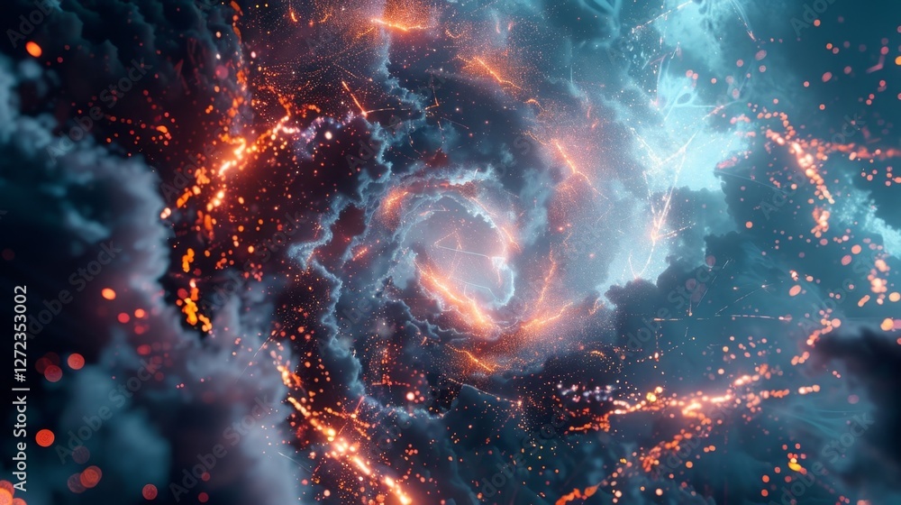 Poster a currency hurricane with lightning bolts of transactions and data swirling through the dark clouds 