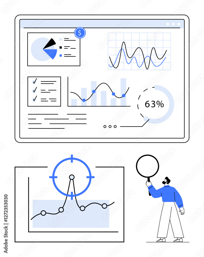 Poster interactive dashboard displaying analytics graphs, pie chart, and checklist. character explores data
