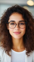 Obraz premium Portrait of a young woman with curly brown hair wearing glasses. She has a calm and confident expression.