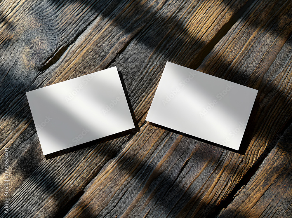 Aufkleber blank stationary card mockups elegantly placed on weathered wooden surface with striking shadows cre