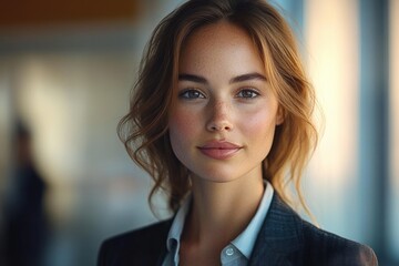 Obraz premium Portrait of Smiling Business Woman in Tailored Suit in Modern Office Space