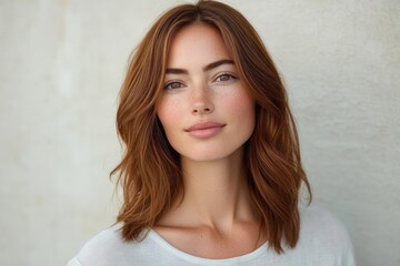 Naklejka premium Brunette woman smiling in casual attire with wavy hair and soft lighting close-up portrait