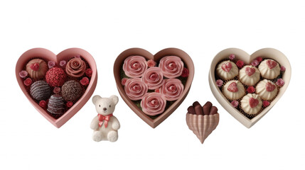 Heart-shaped gift boxes filled with chocolates and roses, ideal for romantic occasions, set against a soft background