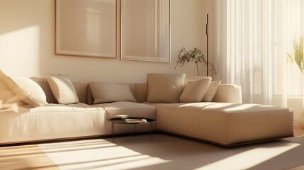 Fototapeta premium Modern minimalist living room with beige tones and natural light