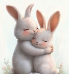 Obraz premium adorable watercolor rabbits mom and baby hugging cute cartoon illustration