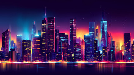 Fototapeta premium Twilight urban dreamscape, vibrant modern skyline illuminated by city lights, selective focus highlights architectural details, high angle perspective. Neon Dreamscape City. Illustration