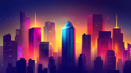 Fototapeta premium Twilight urban dreamscape, vibrant modern skyline illuminated by city lights, selective focus highlights architectural details, high angle perspective. Neon Dreamscape City. Illustration