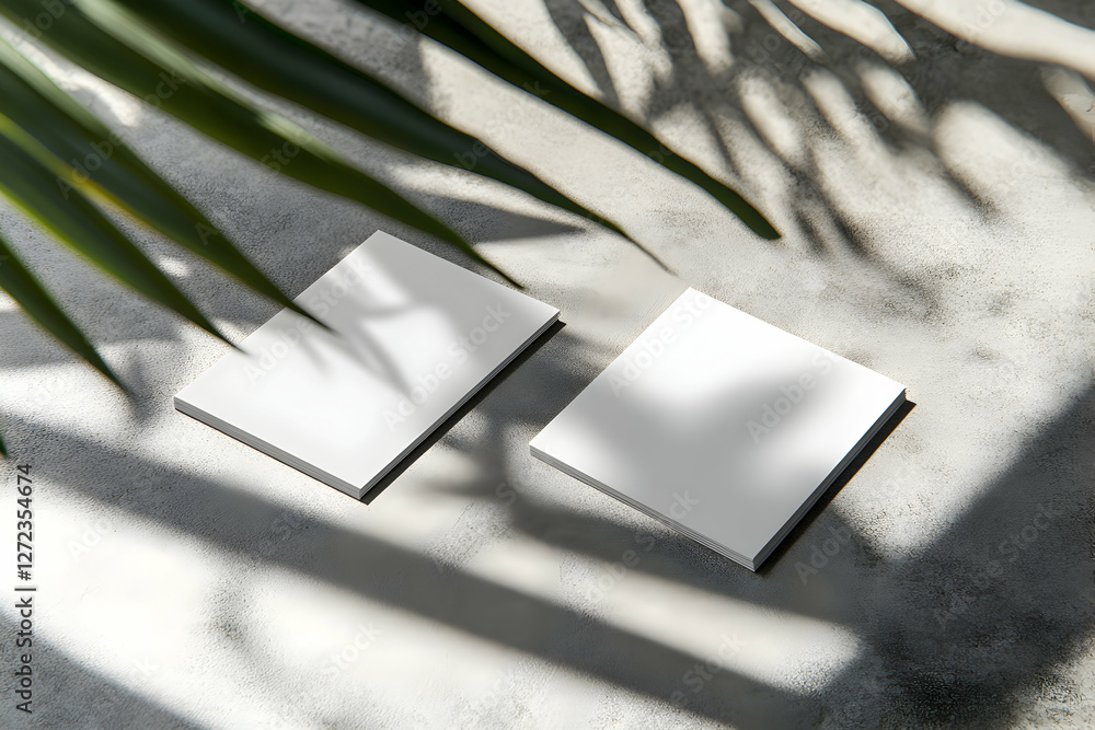 Poster clean presentation of stacked cards with tropical leaf shadows cast on a textured surface creating a