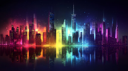 Fototapeta premium Vibrant futuristic city skyline illuminated by neon lights, reflecting on the water below. urban landscape in a cyberpunk style. Neon Dreamscape City. Illustration