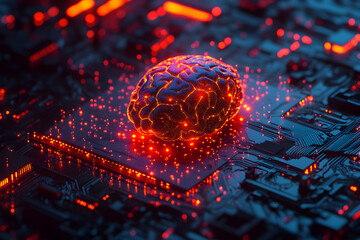 Conceptual rendering of artificial intelligence with a luminous brain on a circuit board, symbolizing advanced technology and neural networks