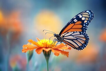 Fototapeta premium Butterfly Feeds on Orange Flower in Vibrant Garden Scene, Beauty of Nature's Delicate Wings Displayed, Stunning Insect's Flight.