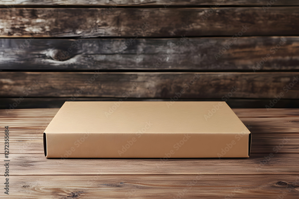Poster crafted cardboard box elegantly displayed on a rustic wooden surface, evoking understated elegance a