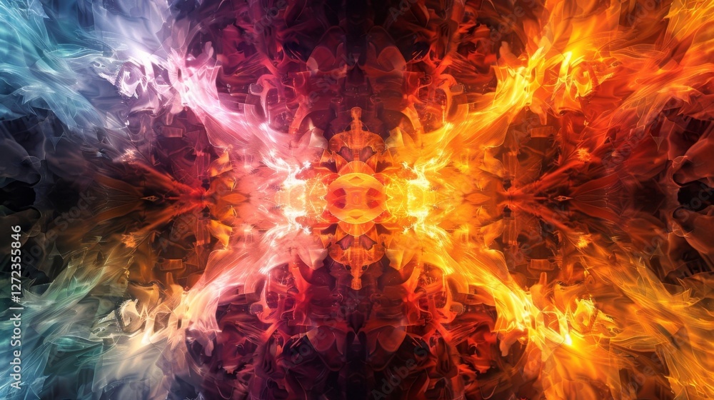 Poster a radiant burst of multicolored flames overlaid with intricate geometric patterns reflecting the div