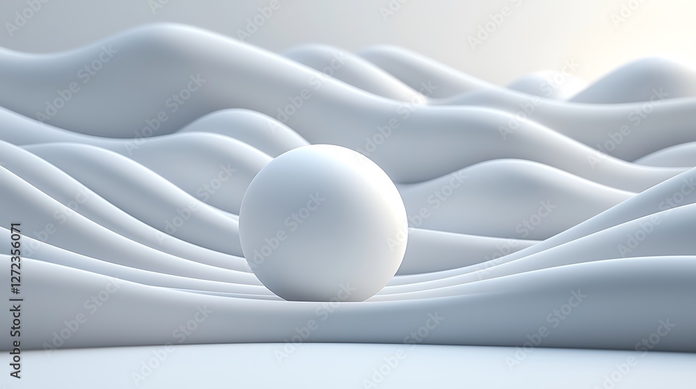 Poster white sphere rests on undulating abstract landscape; soft light, digital art, website background