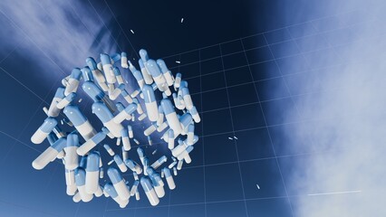 3d render of blue and white capsules in a cloud with sky background