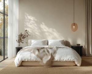 Cozy Scandinavian Bedroom with Large Bed Soft White Linens Beige Throw Minimalist Design Rattan Chandeliers