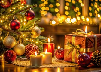 Macro Christmas Tree Ornaments, Gifts & Candles, Festive Interior Detail