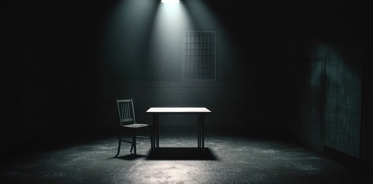 Illuminated Police Interrogation Room with Chair and Table