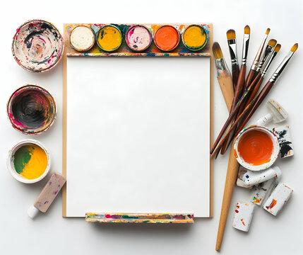 Creative workspace setup featuring artist's tools, including paintbrushes, watercolors, and a blank canvas, on a pristine white surface