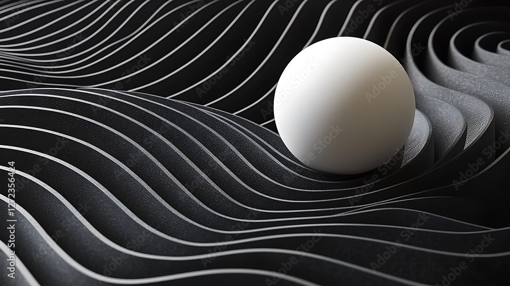Poster White sphere rolling on dark, wavy lines; abstract background; design element