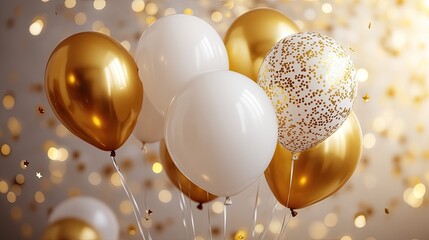 Celebration balloons, golden and white, various sizes and textures, against a blurred background of golden glitter and bokeh, suggesting a festive atmosphere, festive occasion, or party. A mix of