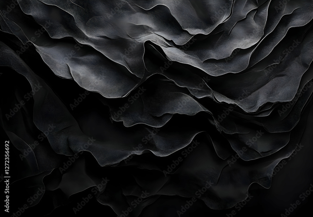 Poster Dark Serenity, Abstract Composition of Flowing Textile Waves in Monochrome, Evoking Depth and Dynamic Texture with Subtle Light Play