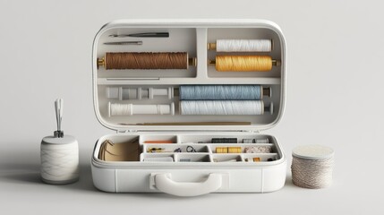 Sewing kit studio shot, threads, tools