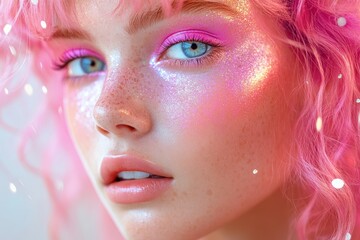 Obraz premium Close-up of a woman with pink hair and glitter makeup. Ideal for beauty, fashion, and cosmetics projects.