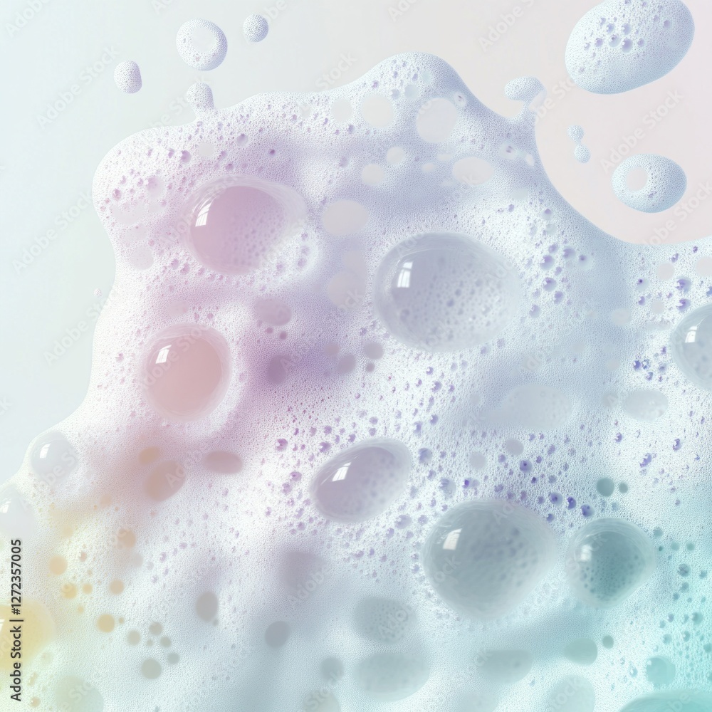 Poster bubbles gracefully float on a vibrant soap foam surface, blending soft pastel hues in a captivating 