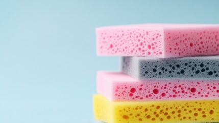 Pastel sponges stacked, blue backdrop, cleaning