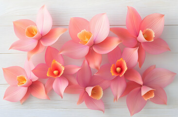 Obraz premium Delicate floral artwork featuring a collection of soft pink orchid blossoms arranged on a pristine white wooden surface, creating a serene composition