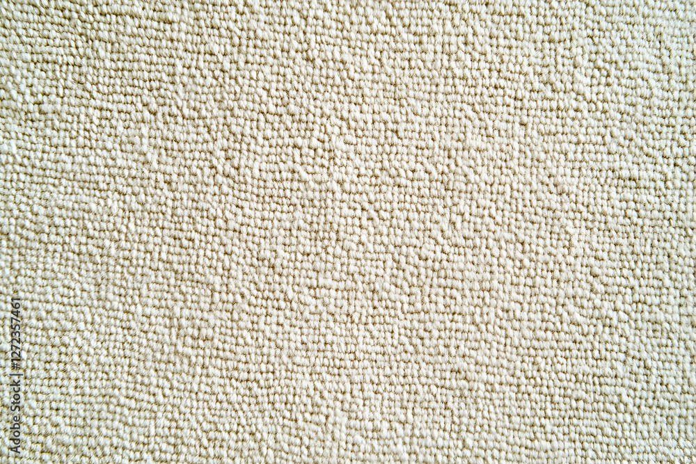 Poster detailed close-up capturing the intricate weave and subtle texture of a soft, plush beige carpet, pe