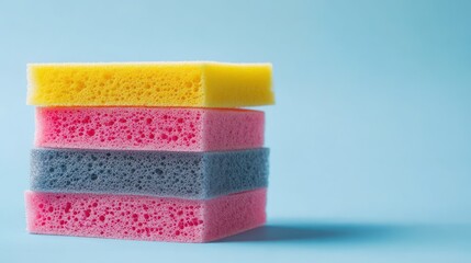 Colorful sponges stacked, blue background (1)