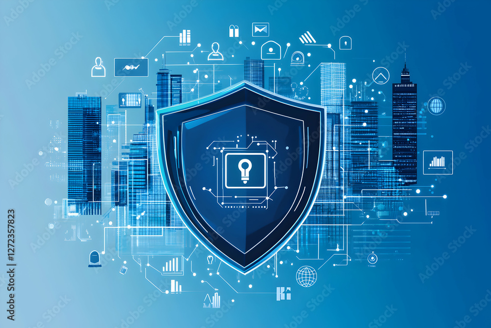 Poster digital security protecting a modern cityscape with network connections and data flow, conveying tru