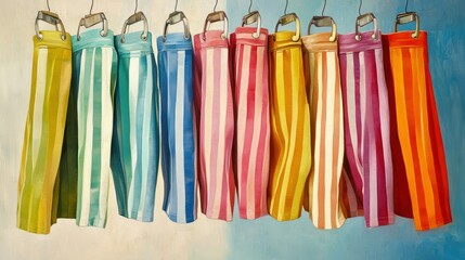 Striped pants drying, market, vibrant, summer