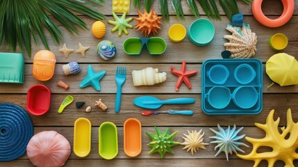 Colorful toys beach picnic wood table