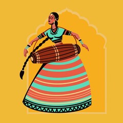 Obraz premium Folk girl playing musical instrument dholak.