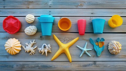 Beach toys & shells on wood