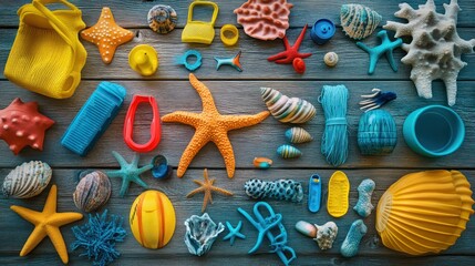 Colorful Seashells & Toys on Wood