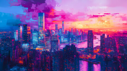 Obraz premium A vibrant city skyline glowing with neon hues at twilight, showcasing modern architecture. Neon Dreamscape City. Illustration