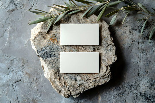 Elegant business card mockup showcasing two blank cards on a stone slab with olive branch accents, emphasizing natural and sophisticated design - Powered by Adobe