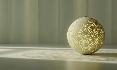 Decorative spherical lamp casting intricate shadows on a minimalist surface in soft lighting