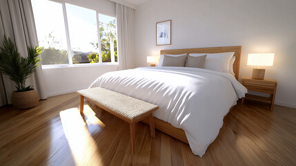 Obraz premium bright minimalist bedroom with wooden floor, natural light, and cozy decor