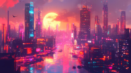 Fototapeta premium Dreamscape cityscape: vibrant futuristic metropolis at dusk. Neon Dreamscape City. Illustration