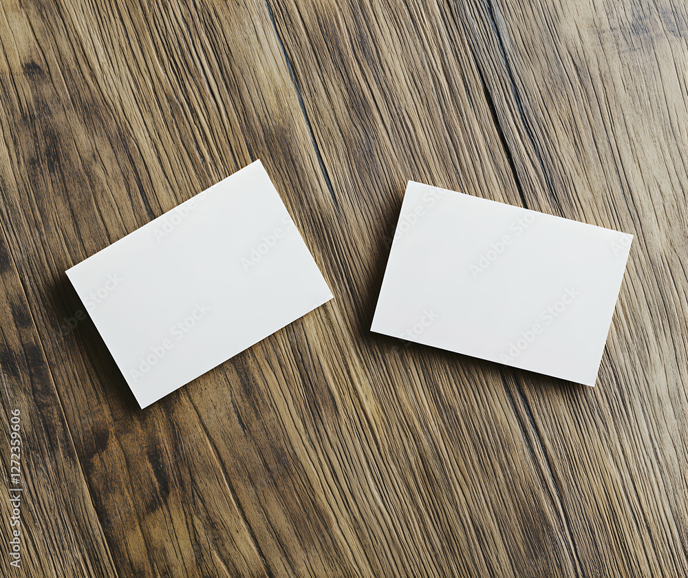 Poster elegant presentation, two blank cards on a wooden surface, showcasing simplicity and rustic charm fo